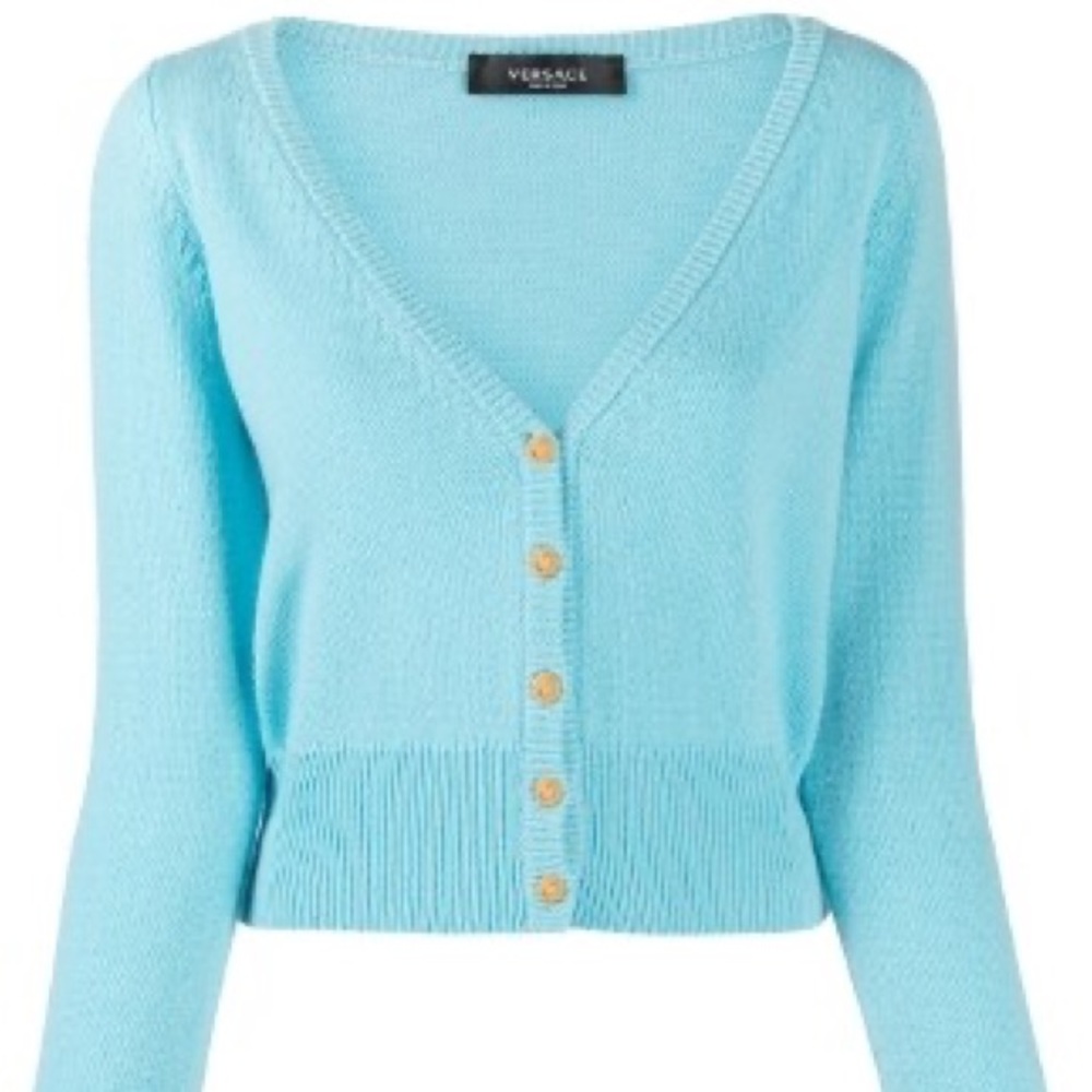 Versace v-neck cardigan Medusa head buttons cashmere sweater in blue